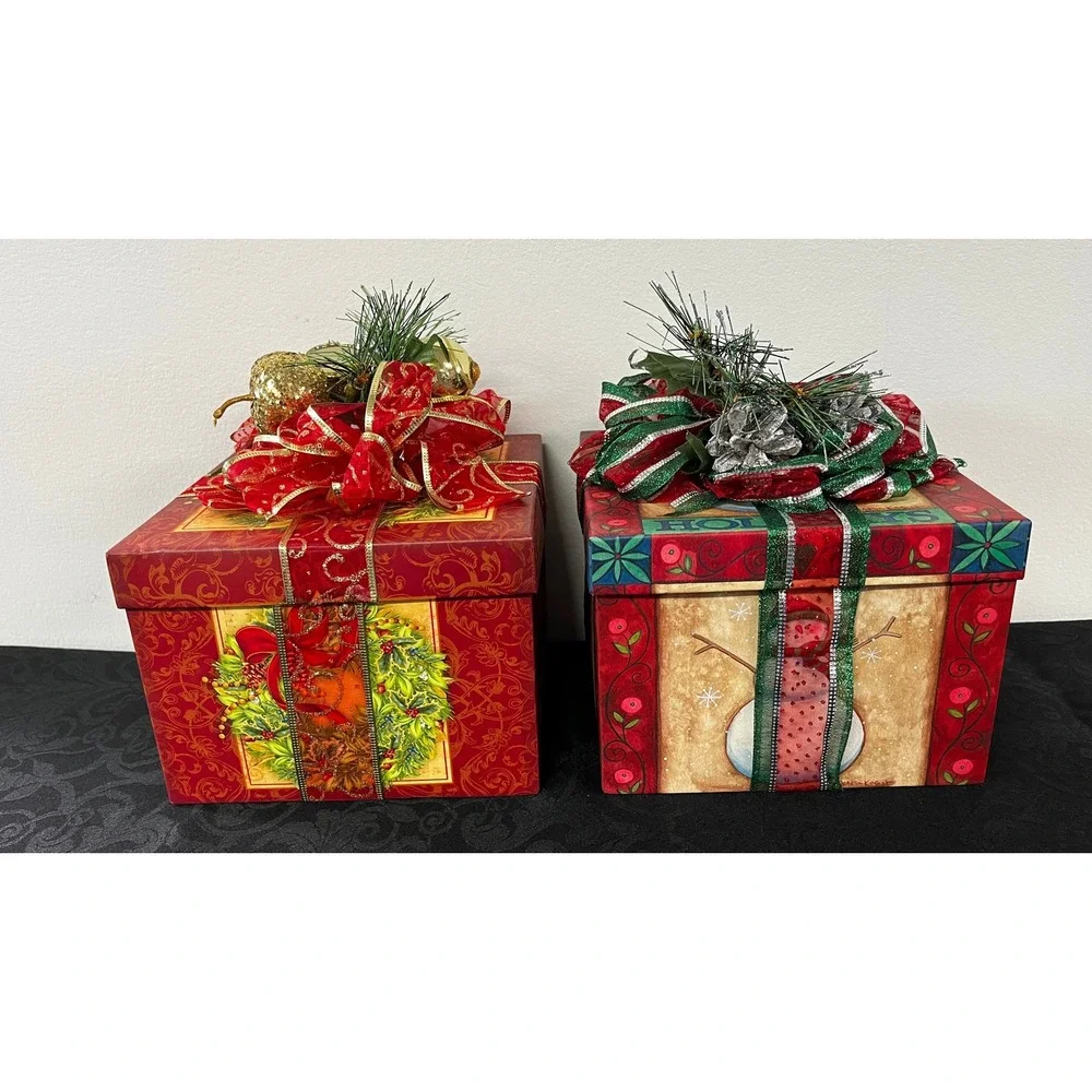 Lindy Bowman Christmas Gift Boxes Set of 2 Snowman Wreath Holiday Decor Storage